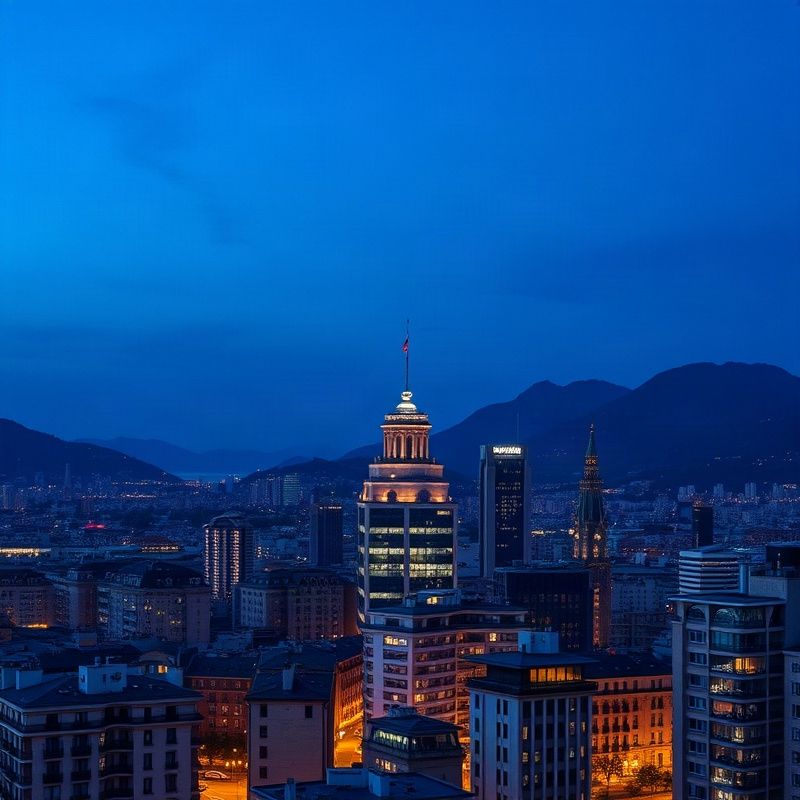 Aerial view of a European financial district at dusk with illuminated office towers under an indigo sky