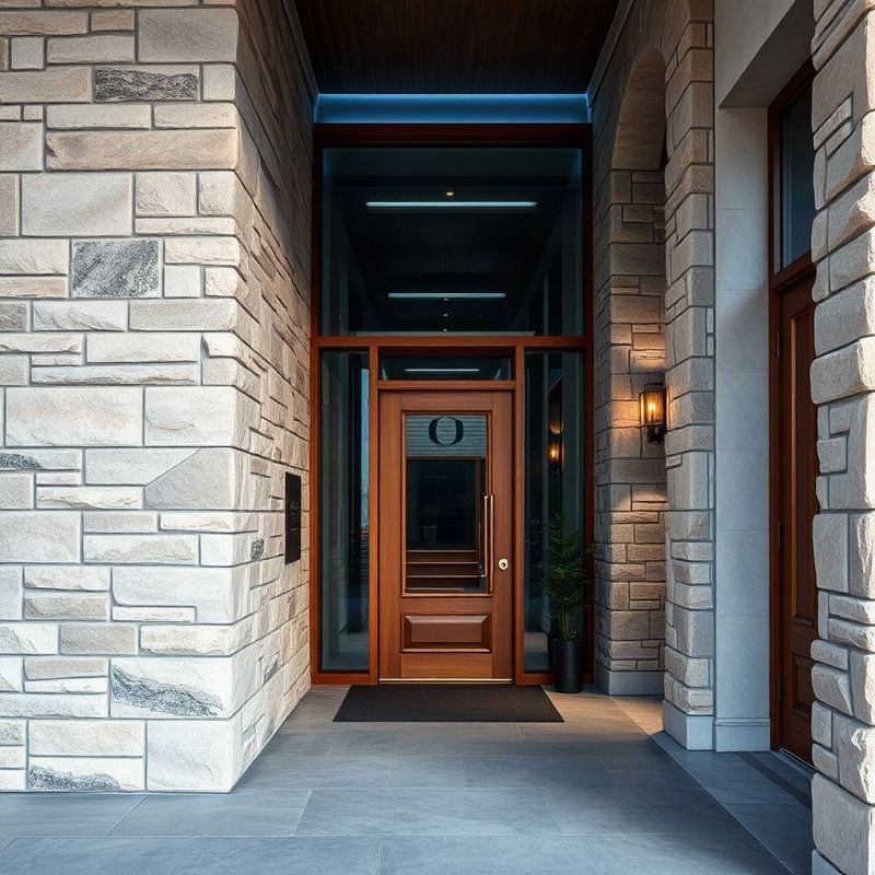Refined advisory office entrance with stone and timber architectural details in indigo-toned light