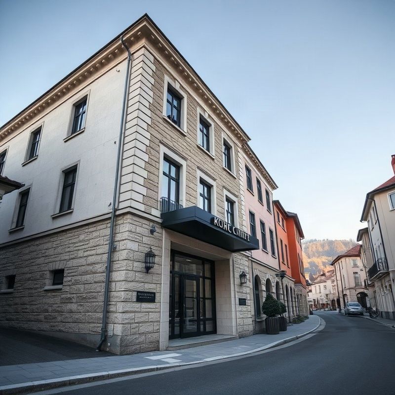 Quiet Celje street with a professional office building entrance in alpine stone under an indigo sky