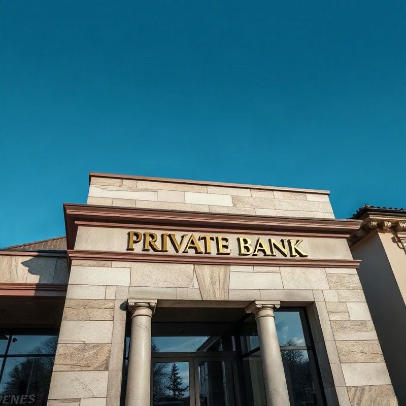 European private bank exterior in polished stone with brass signage under an indigo sky
