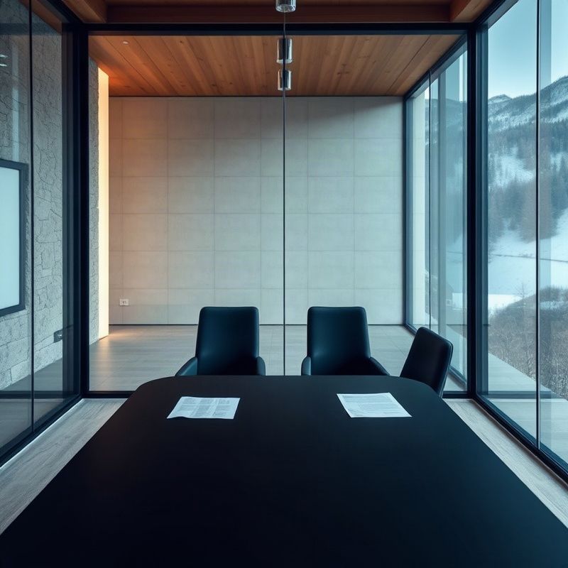 Glass-walled meeting room with two empty chairs across a dark indigo conference table
